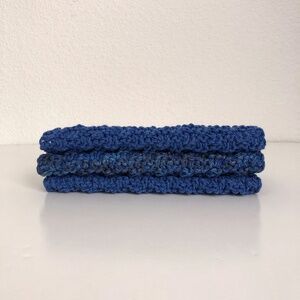Set of 3 100% cotton hand knit washcloths -royal and teal blue
